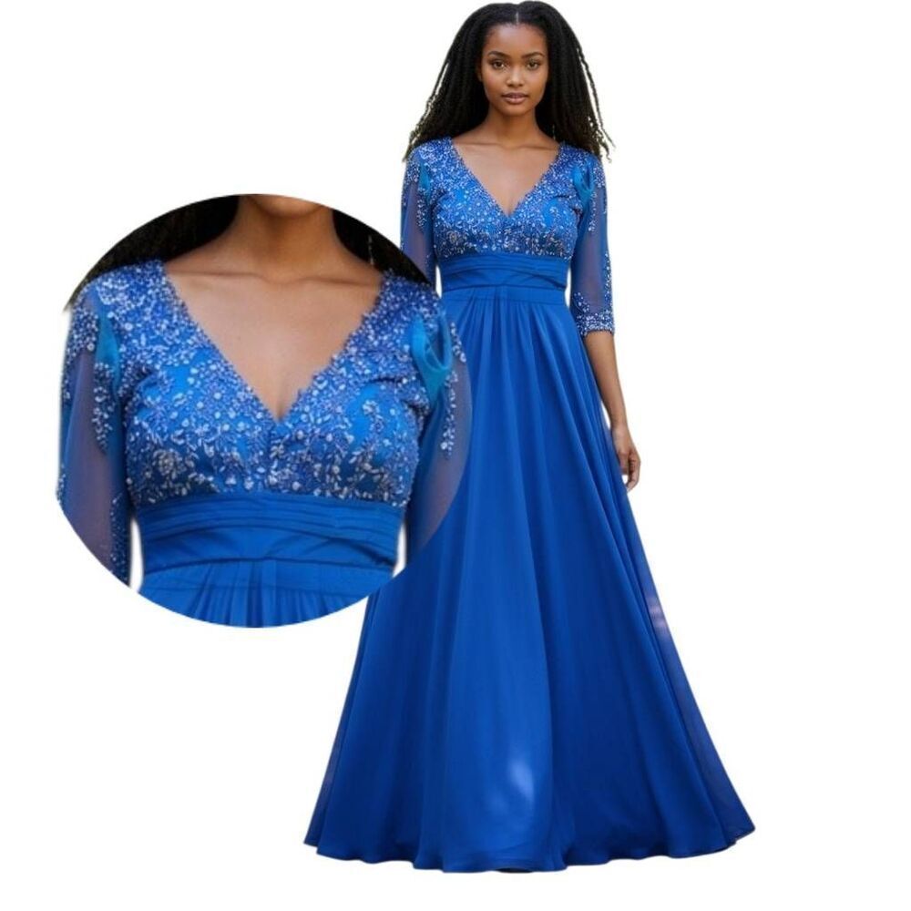 Formal Blue Sequined Empire Waist Long Chiffon Ball Gown Plus Size LIKE NEW